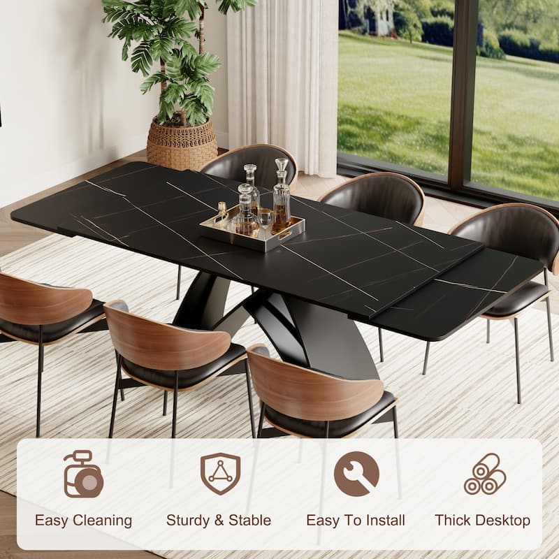 63-95"Extendable Modern Dining Table for 6-10, Black Sintered Stone Tabletop