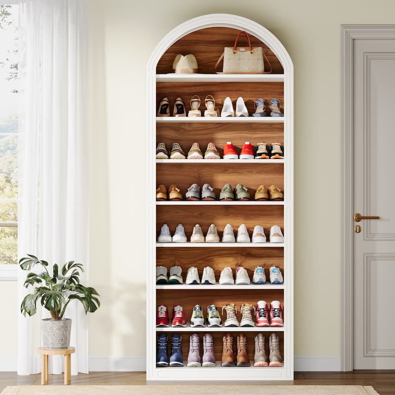 Tall Shoe Storage Cabinet for Entryway - 8-Tier - White & Brwon