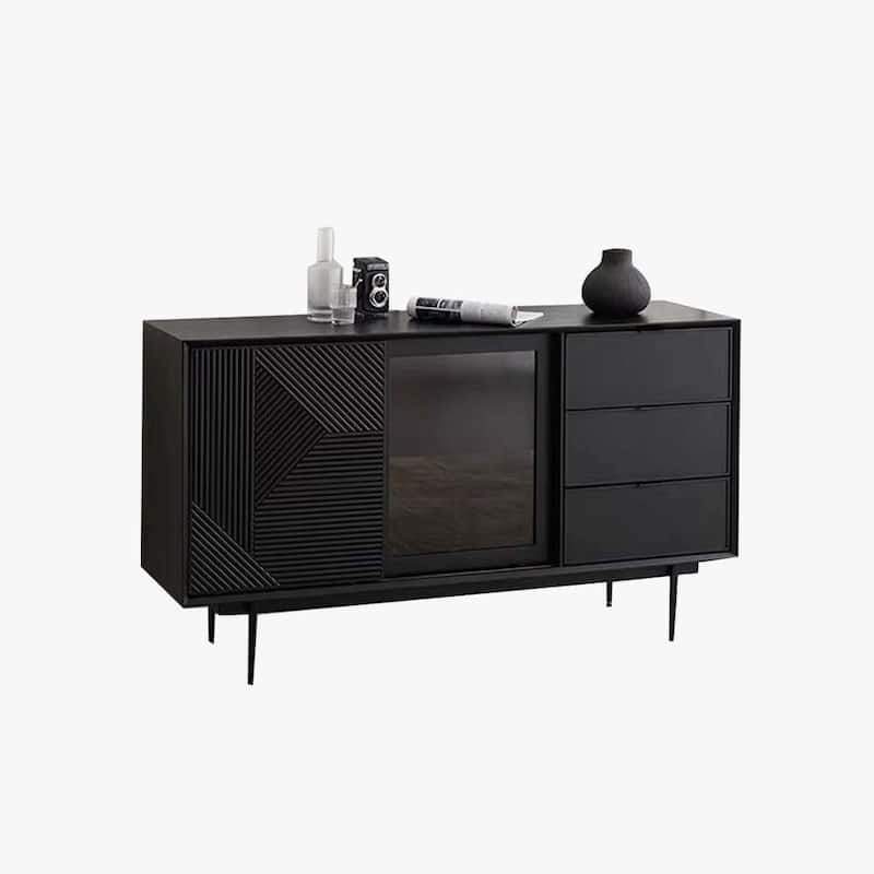 59.06" Mid Century Modern Black Sideboard Buffet with Tempered Glass,Geometric Pattern Design, Metal Legs, Assemble Needed