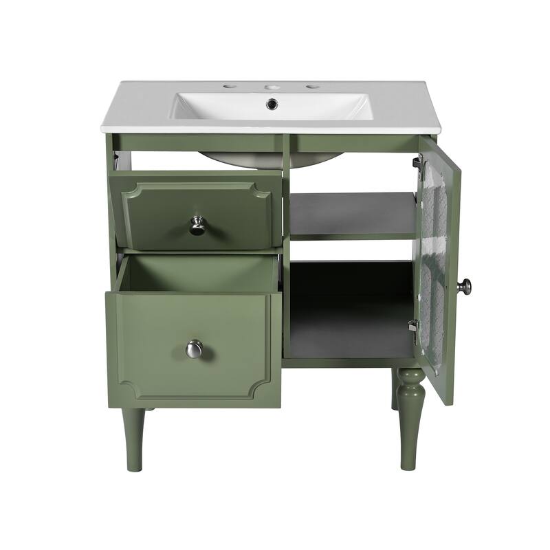 30 Inch Single Sink Freestanding Bathroom Vanity in Green with White Ceramic Top