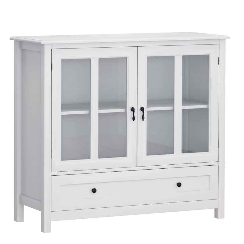 Buffet Storage Cabinet with Double Glass Doors Wooden Sideboard Cabinet with Unique Bell Handle for Dinning Room
