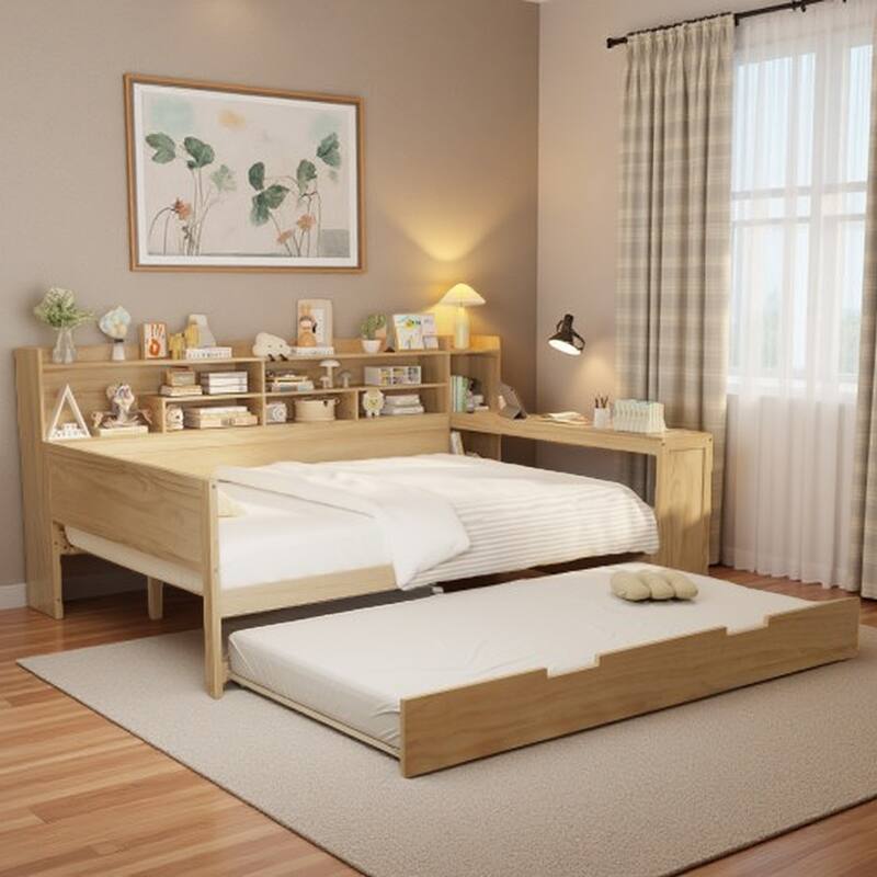 Full Size Daybed with Storage Shelves, Multi-Functional Bed with Twin Trundle and Built-In Study Desk, Space-Saving Design - Natural - Full