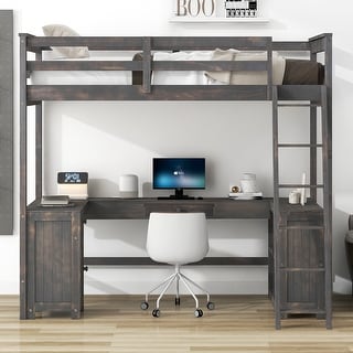 Wood Loft Bed with U-Shaped Desk, Storage Shelves, Drawers, Ladder