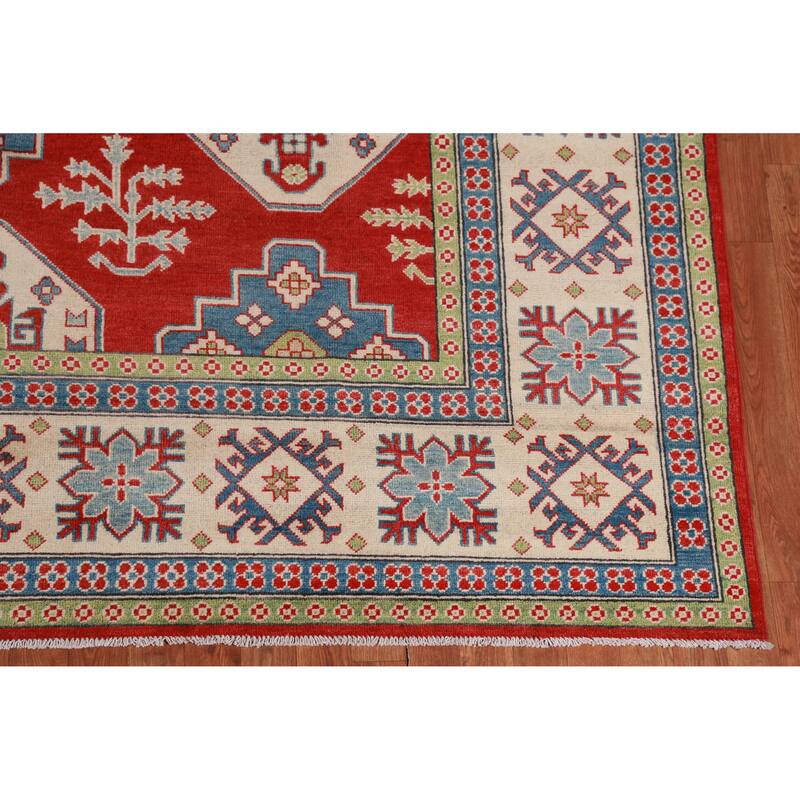 Hand Knotted Oriental 100% Wool Carpet Traditional Geometric Red Kazak Area Rug - 9' 6'' X 8' 0''