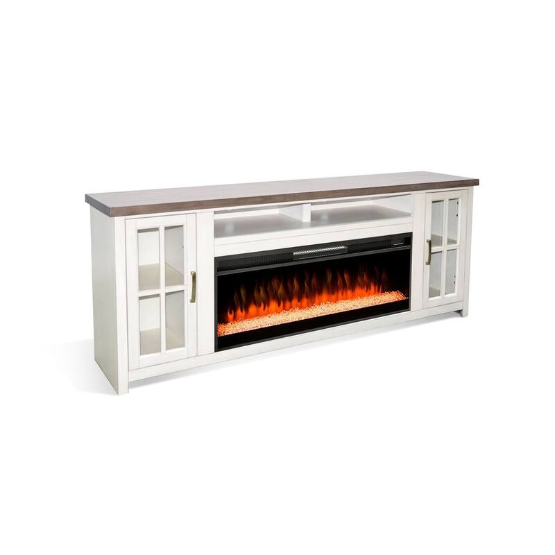 Gery TV Media Console w Crystal Fireplace, 76 Inch, 2 Cabinets, White