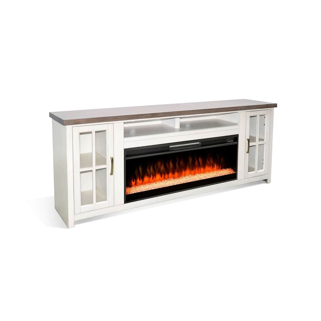 Gery TV Media Console w Crystal Fireplace, 76 Inch, 2 Cabinets, White