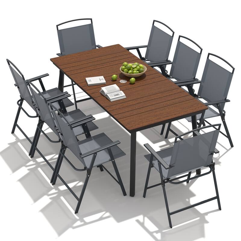 9-Piece Outdoor Dining Set Patio Dining Table with Umbrella Hole and Folding Chairs