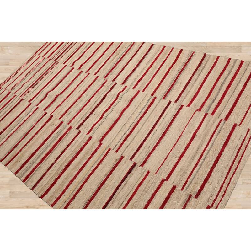 LoomBloom Contemporary Stripes Wool Beige Hand Woven Oriental Area Rug - 5' 3'' x 7' 7''