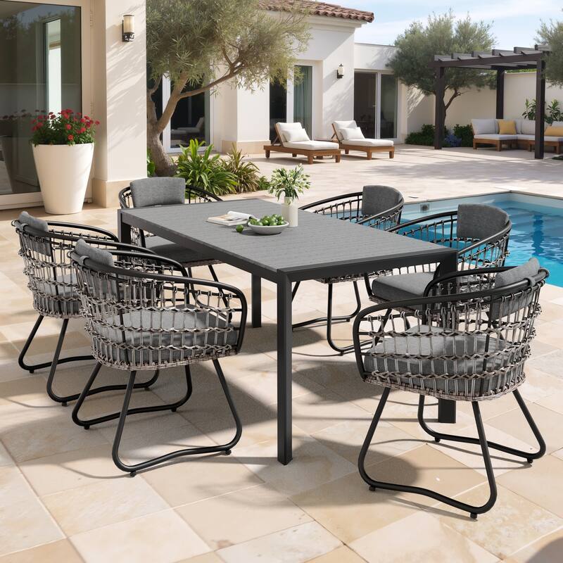Set of 7 Outdoor Patio Dining Set WoodLike Table Top Aluminum Rectangular Umbrella Hole Table with Rattan Chairs