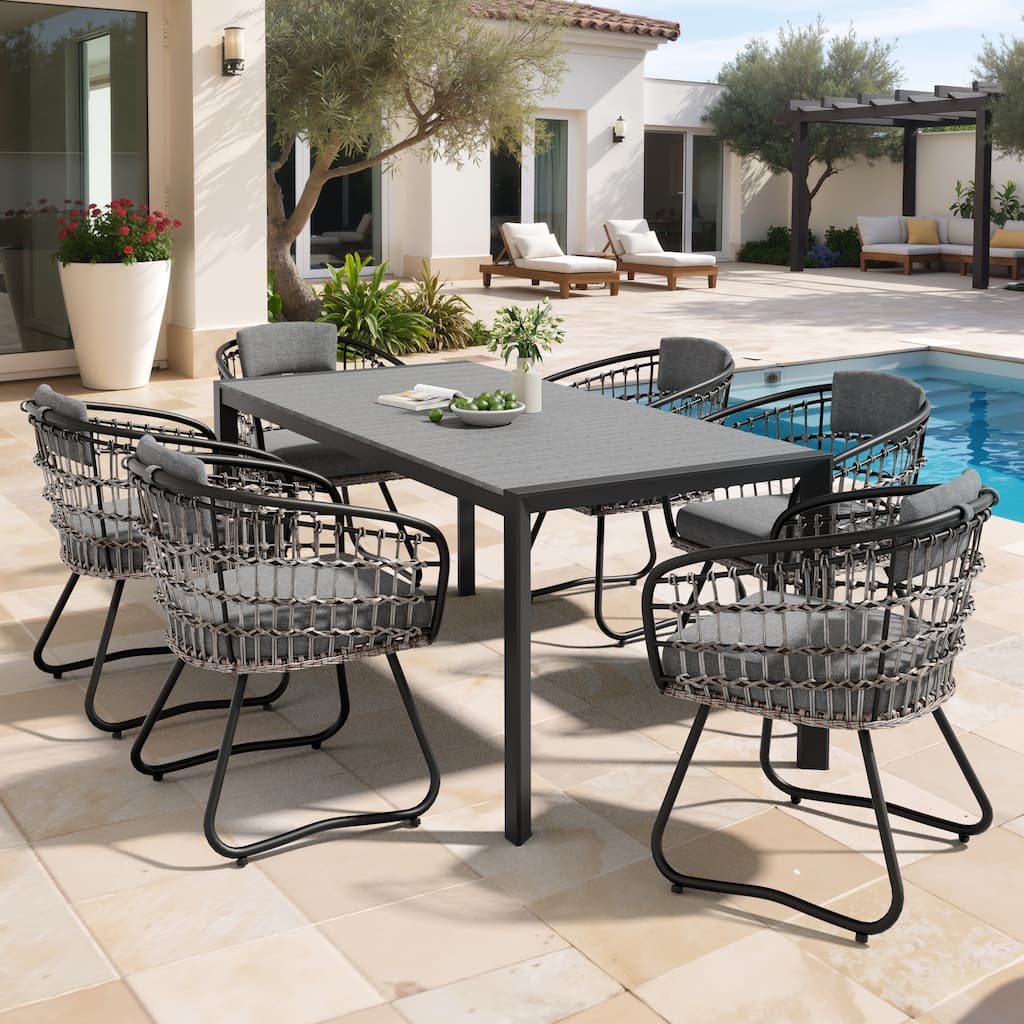 Set of 7 Outdoor Patio Dining Set WoodLike Table Top Aluminum Rectangular Umbrella Hole Table with Rattan Chairs