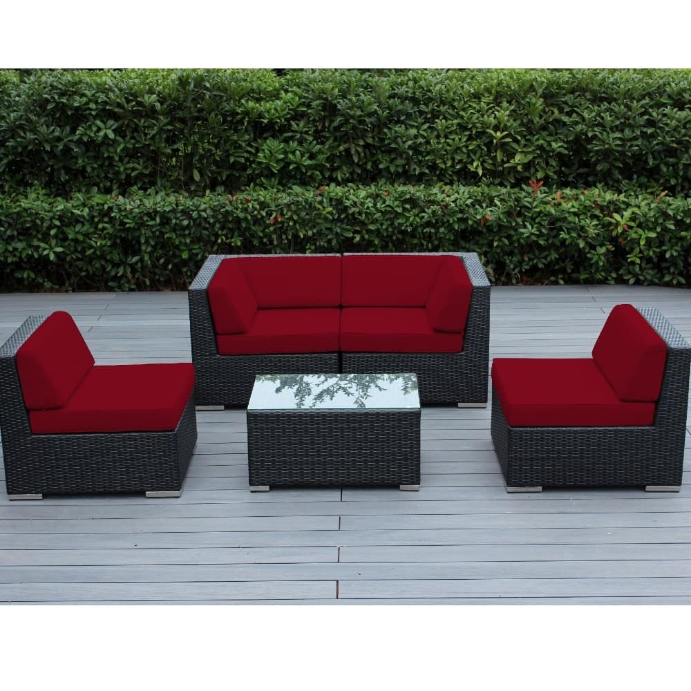 Ohana Outdoor Patio 5 Piece Black Wicker Sectional with Cushions - No Assembly