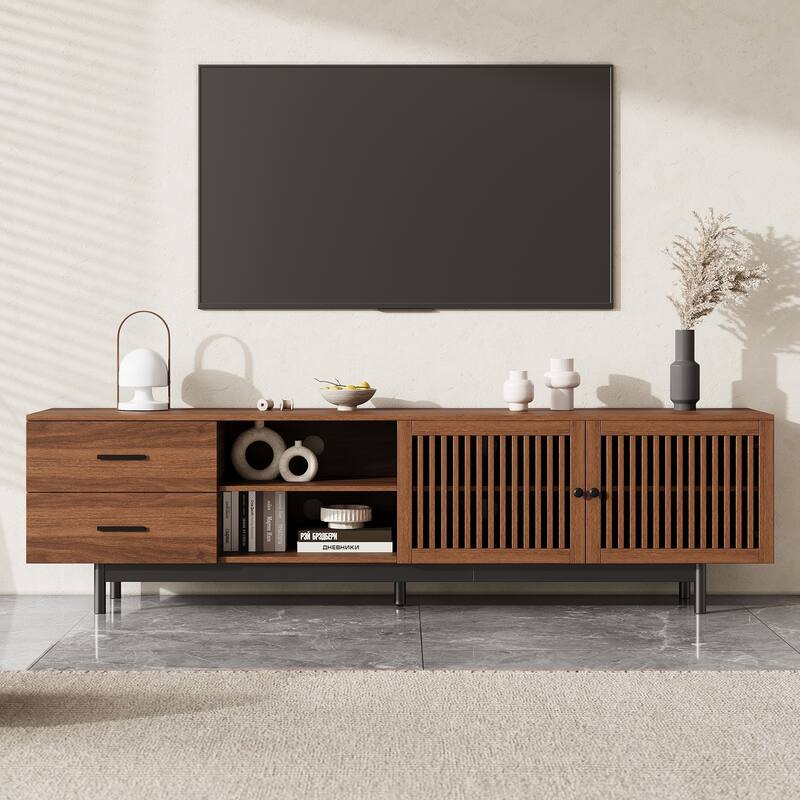 78" TV Stand Walnut Media Console Table with Drawers for Living Room