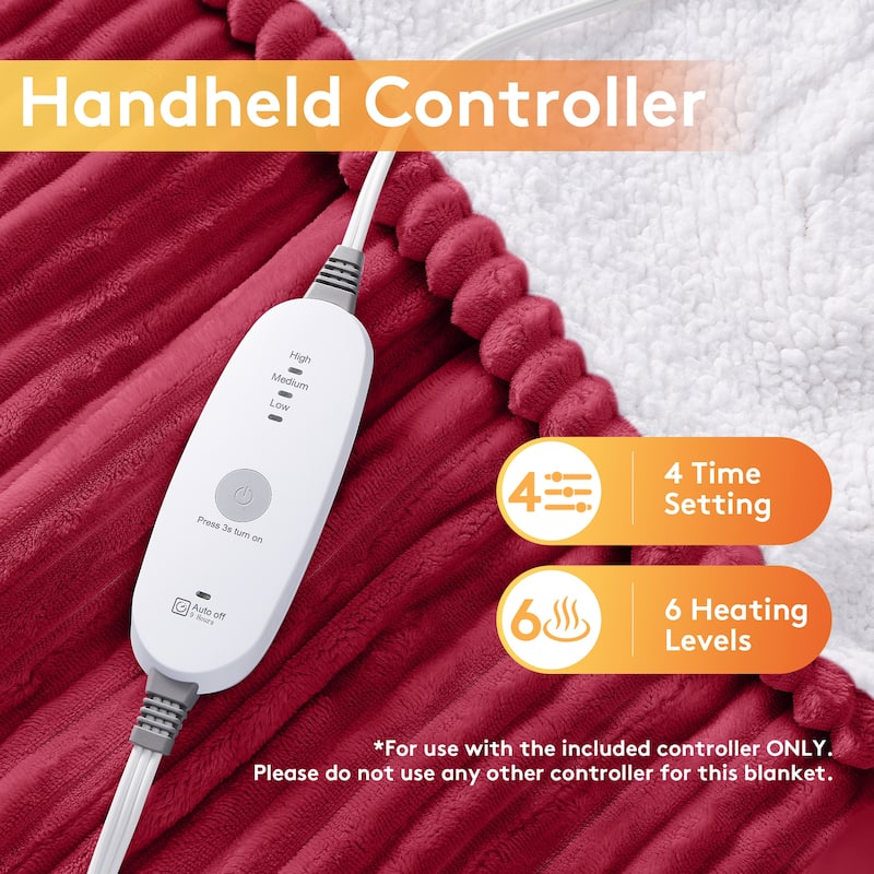 Reversible Flannel & Sherpa Electric Blanket, Heated Throw with Temperature and Timing Functions of a Controller