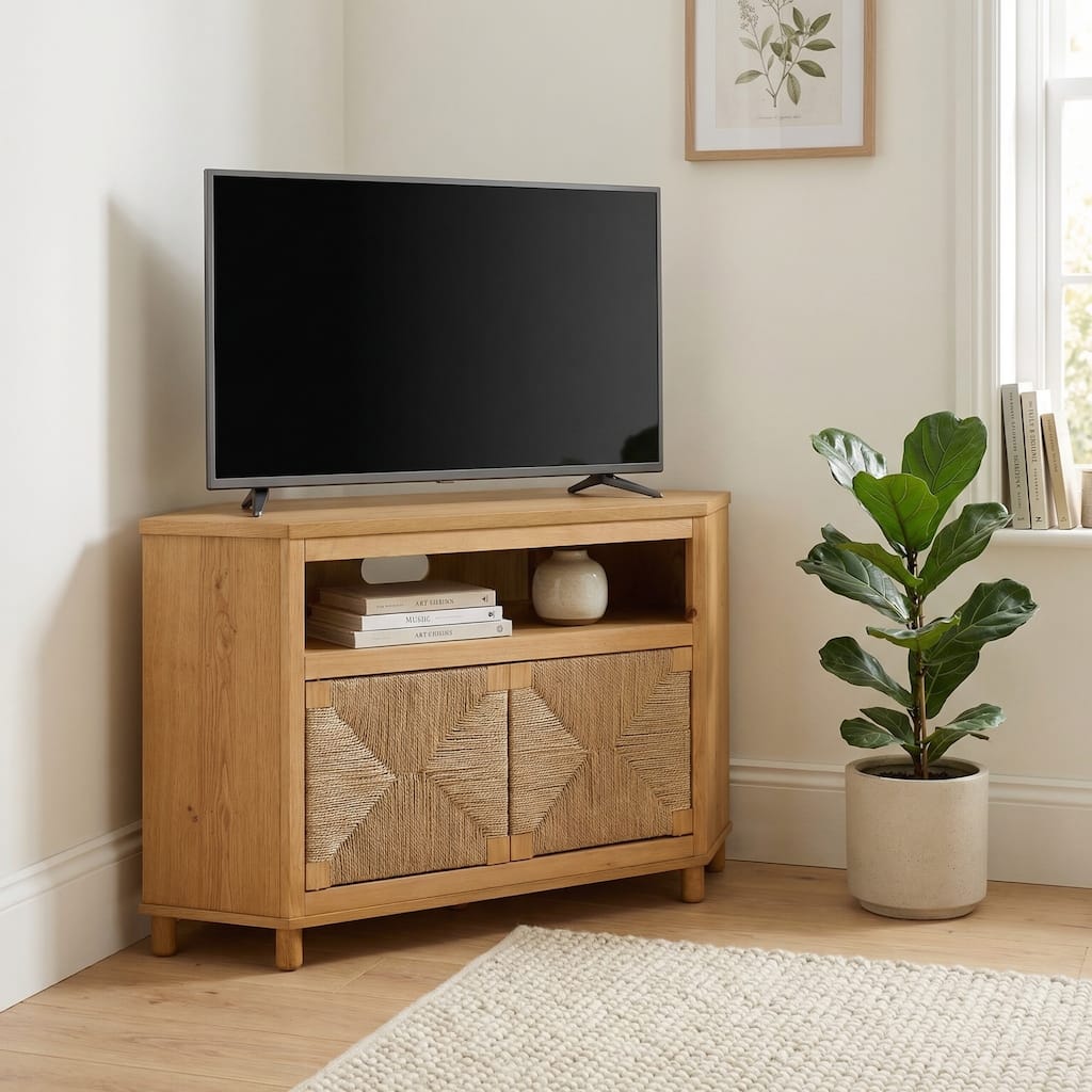 Harlow 49.5" Wood and Seagrass Corner TV Stand, Fits TVs up to 55-Inches