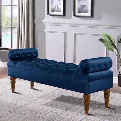Modern luxury style tufted upholstered bench with pillow style armrests and wooden legs