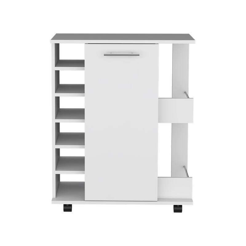 Lothian Bar Cart with Casters, 2-Side Storage Shelves and 6-Wine Bottle Rack - White