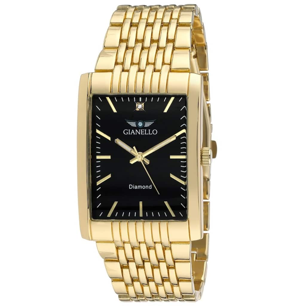 Gianello Mens Genuine Diamond Dial Tank Case Stainless Steel Bracelet Watch Carat Size 1/10 - 3 Colors Available