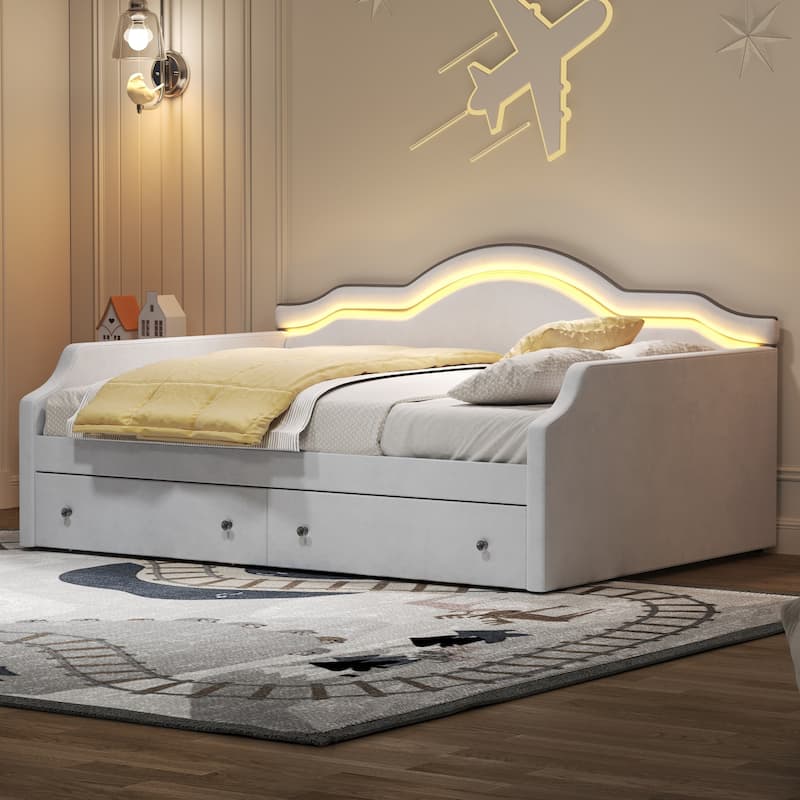 Full Size Upholstered Daybed with LED and 2 Drawers