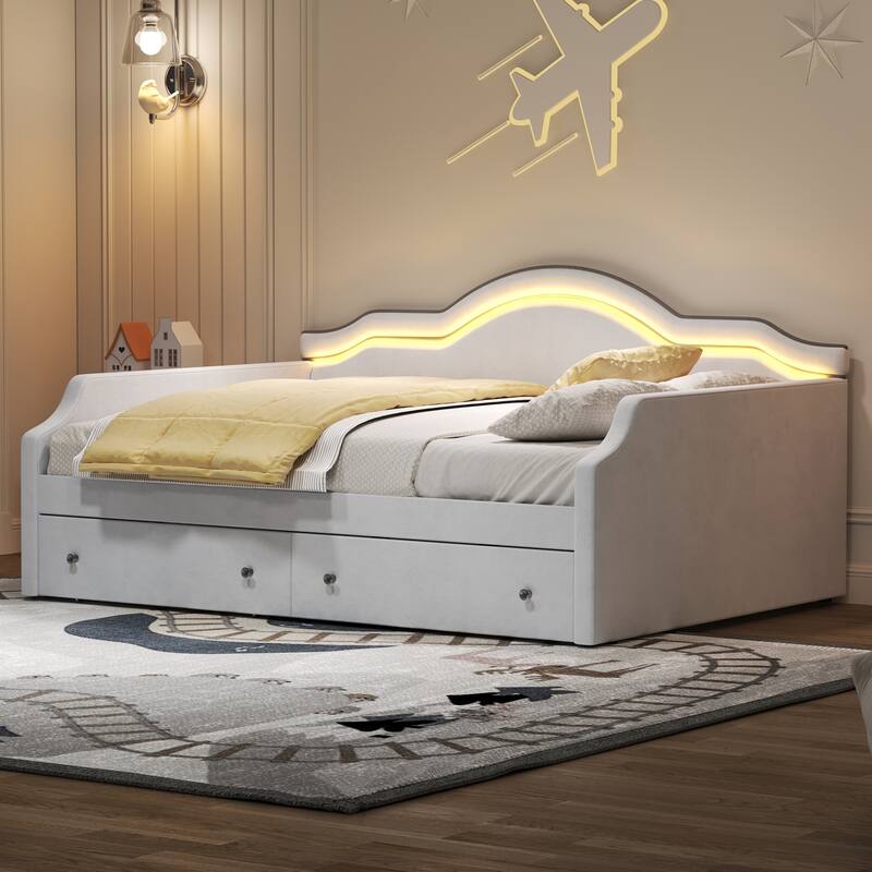 Upholstered Daybed with 2 Drawers, Wave Backrest Frame with Ambient Lighting, No Box Spring Needed Storage Sofa Bed - Beige - Full