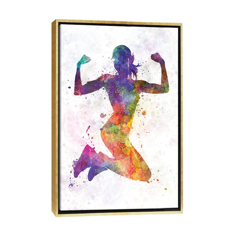 iCanvas "Woman Runner Jogger Jumping Powerful" by Paul Rommer Framed Canvas Print - Gold - 26x18