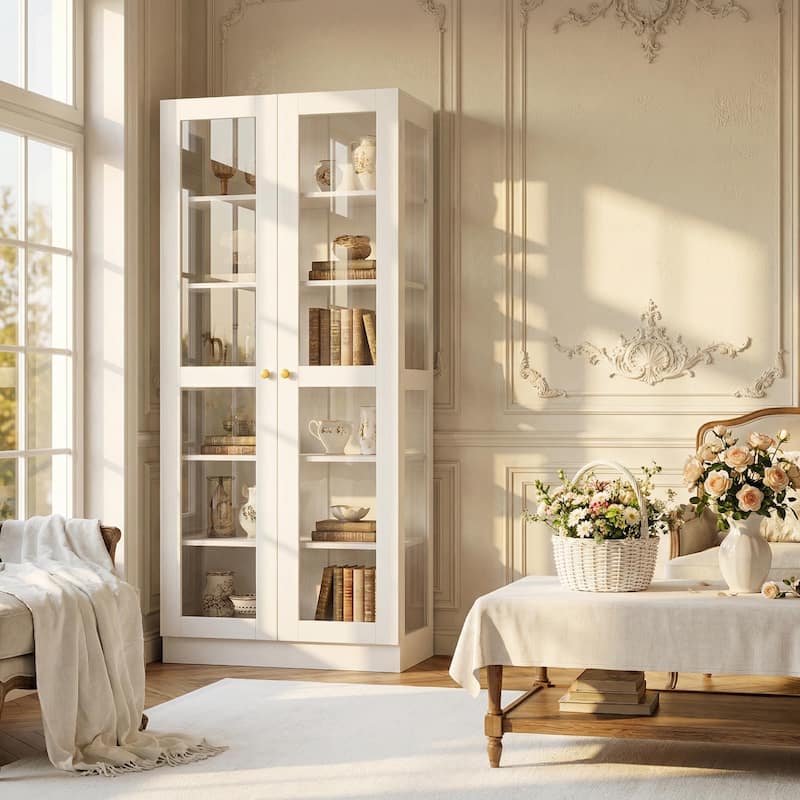 Bookcase Display Cupboard Curio Cabinet 2 Glass Door White Lacquer - 70.9"Hx31.5"W - 2Doors