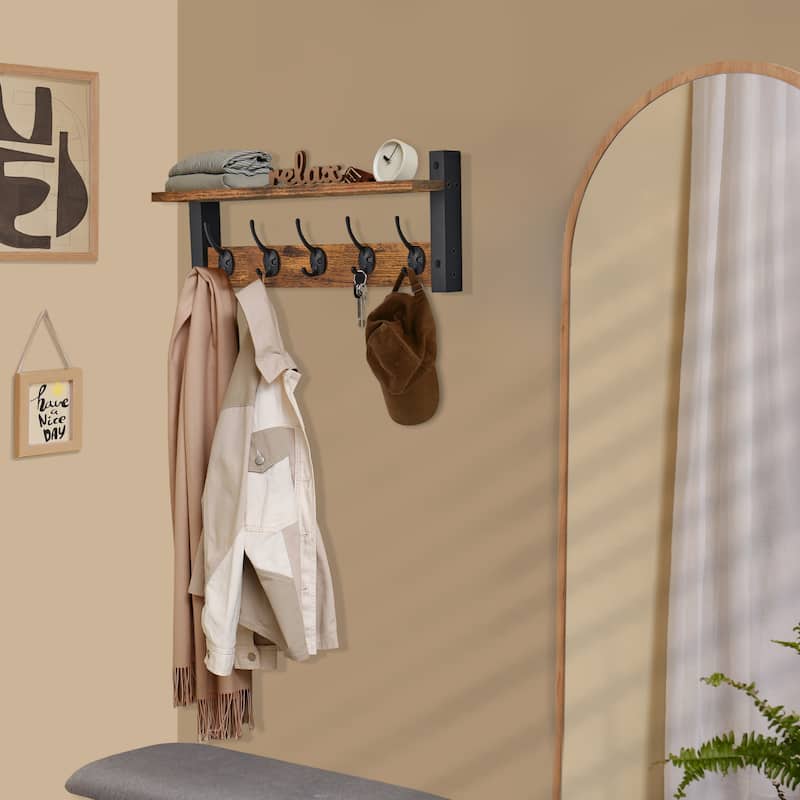 Sorbus Coat Hooks Wall Mount Floating Shelf with 5 Heavy Duty Hooks, Large and Extra Large