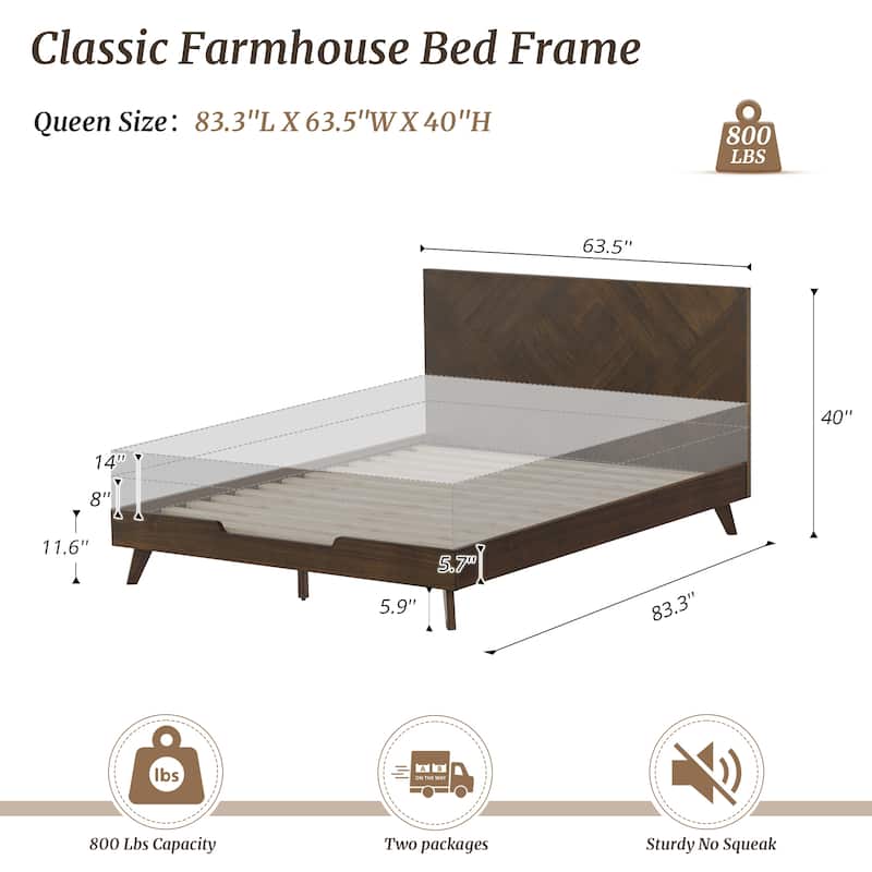 Solid Wood Panel Platform Bed with Headboard