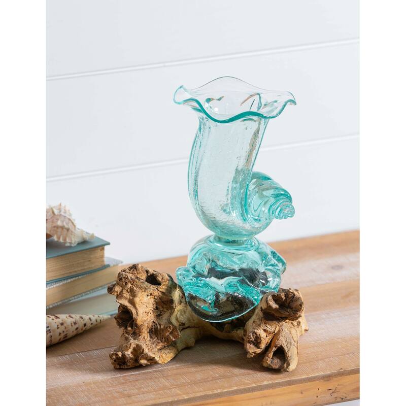 10 in. Glass Shell Vase Planter On Driftwood