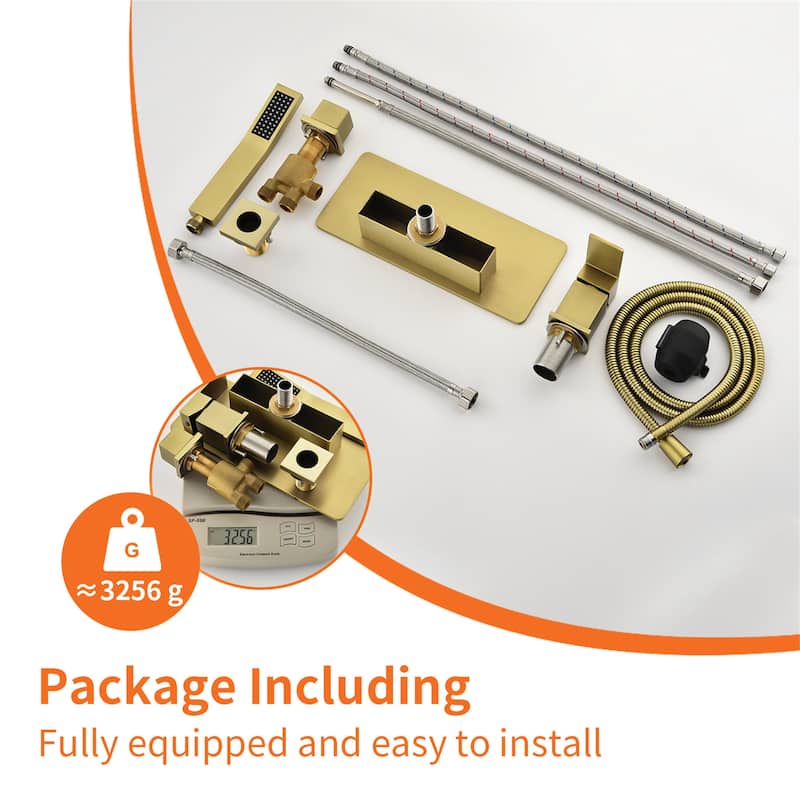 Deck Mount Waterfall Tub Faucet with Handheld Shower Brass 4 Holes Modern Roman Bathtub Filler with Hand Sprayer
