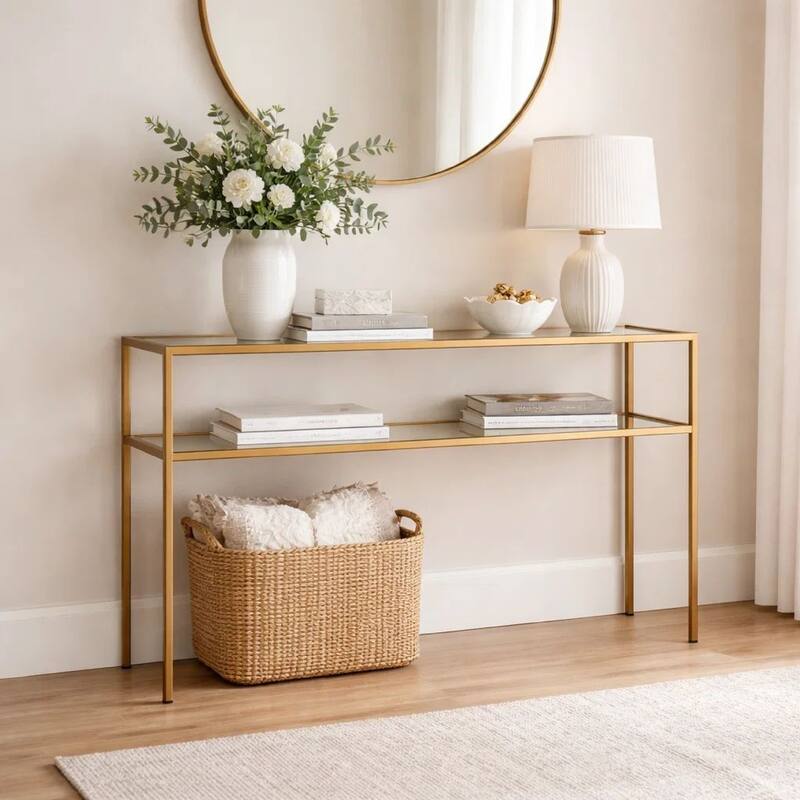Ted Sofa Console Table w Open Shelf, 48 Inch Glass Top, Gold Iron
