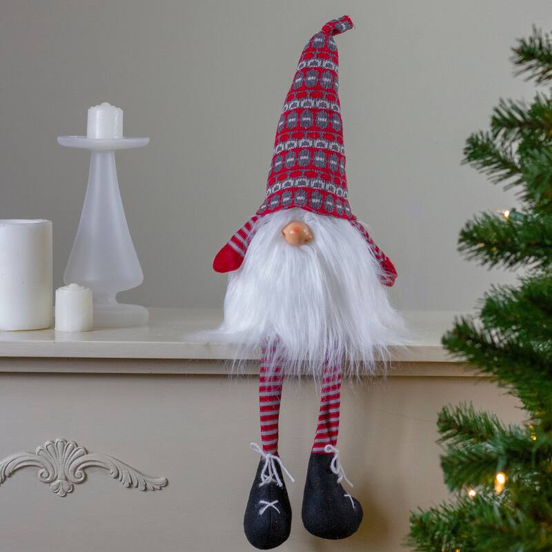 Striped Christmas Santa Gnome with Dangling Legs - 23" - Red and Gray