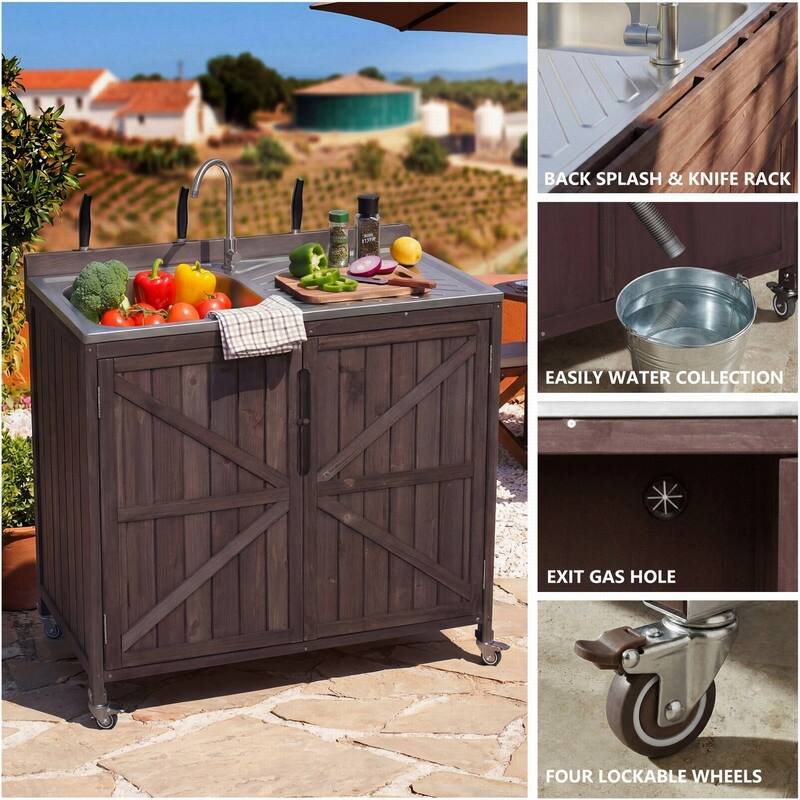 2-Piece Outdoor Kitchen Island Set with Stainless Steel Top and Sink, Drawer and Cabinets for Outdoor Storage w/ Wheels