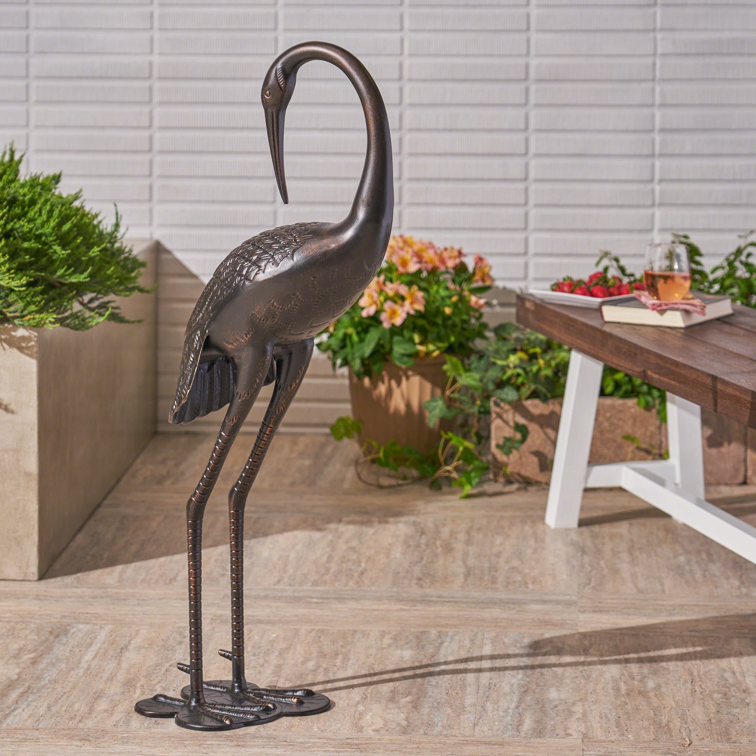 Roomfitters Sunny Outdoor 39-Inch Rust-Proof Cast Aluminum Upright Garden Crane Sculpture, Antique Bronze