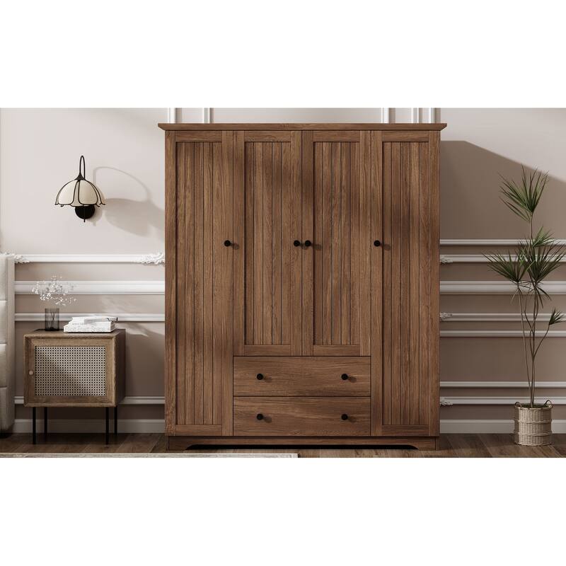 4 Door Wardrobe Armoire Closet with 2 Drawers, 60.6''L x 20.8''W x 68.5''H