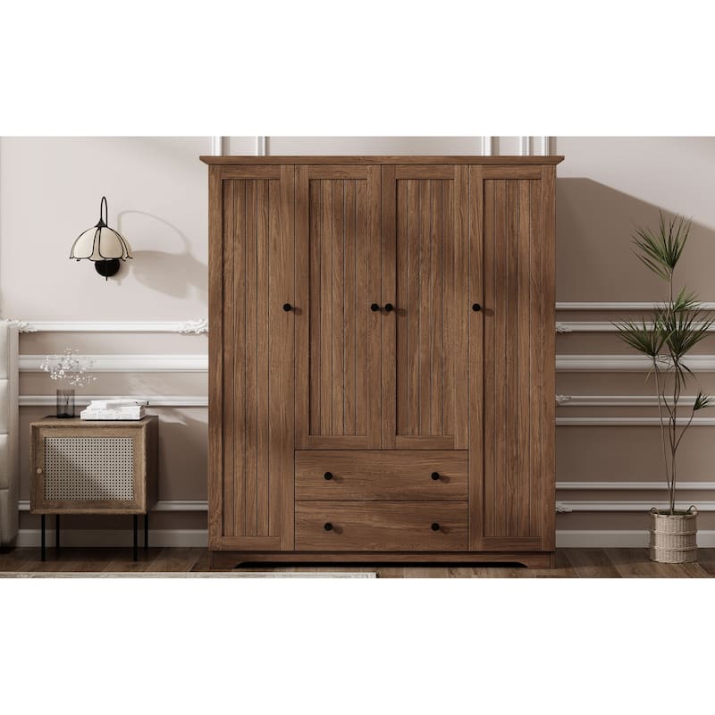 4 Door Wardrobe Armoire Closet with 2 Drawers, Freestanding Wardrobe Clothes Storage Cabinet with Hanging Rods