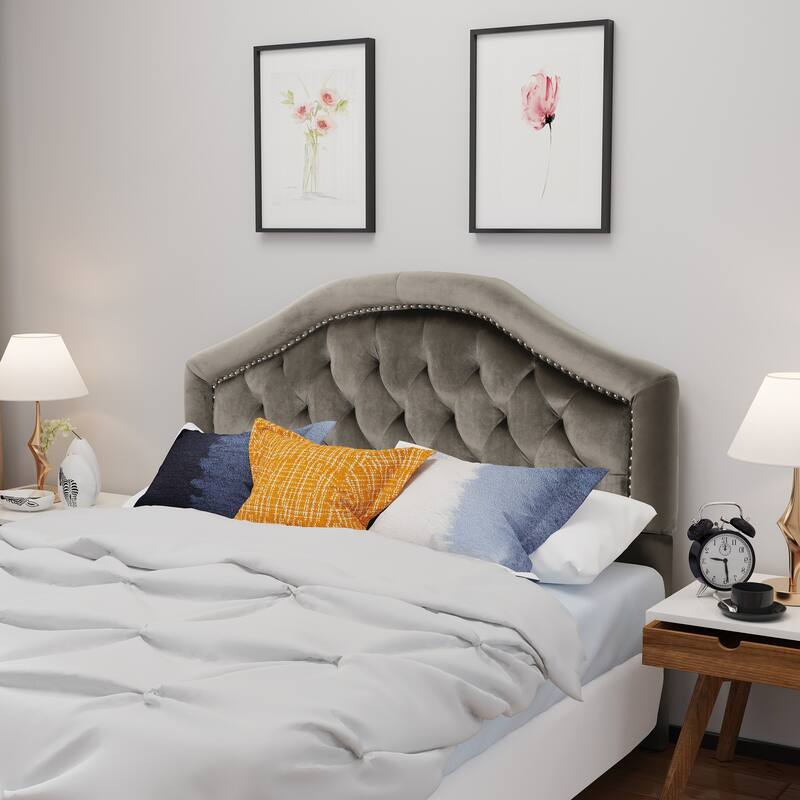Roomfitters Adjustable Fabric Headboard for Queen and Full Size Bed with Nailhead Trim
