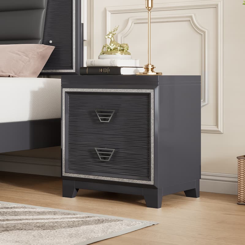 Nightstand with Metal Handle & Sparkling Shiny Decoration, Bedside Table with 2 Drawers, Wood Nightstand for Bedroom,Living Room