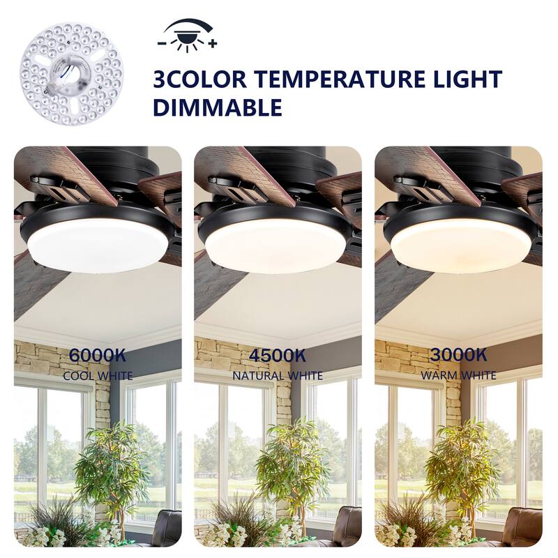 Smart 52" Indoor/Outdoor Ceiling Fan with Light, Dual Finish Black/Walnut 6-Blade, Remote & APP Control, Dimmable LED