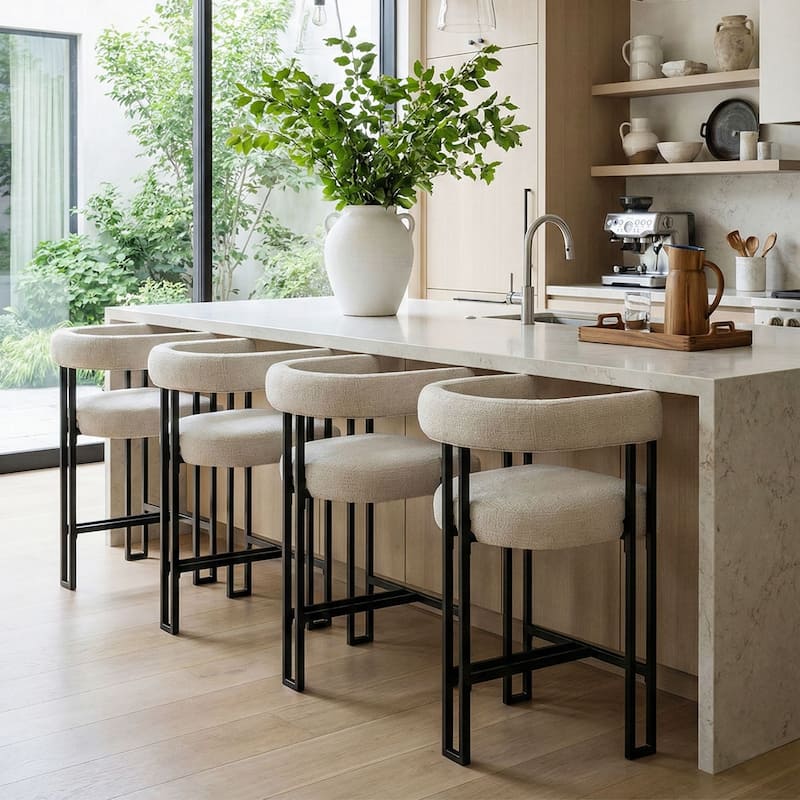 24" Seat Height Upholstered Tweed Solid Back Counter Stool(Set of 4) - Set of 4 - Oatmeal