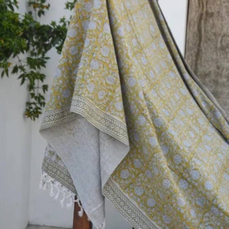 Fabdivine Floral 6 Kamal Handwoven Cotton Blanket - Stylish Block Print Reversible Throw with Artisan Tassels, 90" x 54"