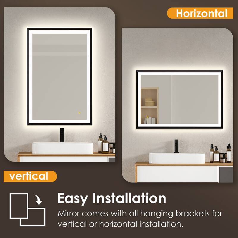 Apollo Rectangular Anti-Fog Dimmable Modern Bathroom/Vanity LED Lighted Wall Mirror in Matte Black Aluminum Framed
