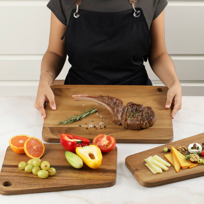 Sango Atelier Acacia Wood 3-Piece Cutting Board Set with Slant Edge & Juice Grooves- Reversible Kitchen Chopping Boards