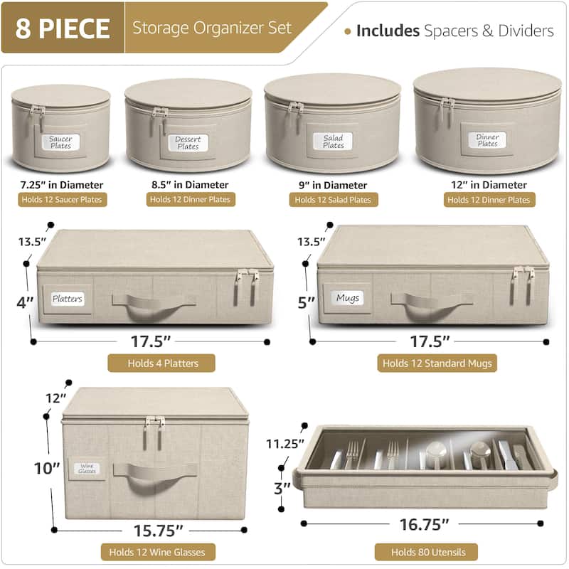 8-Piece China Dinnerware Storage Set - Grey