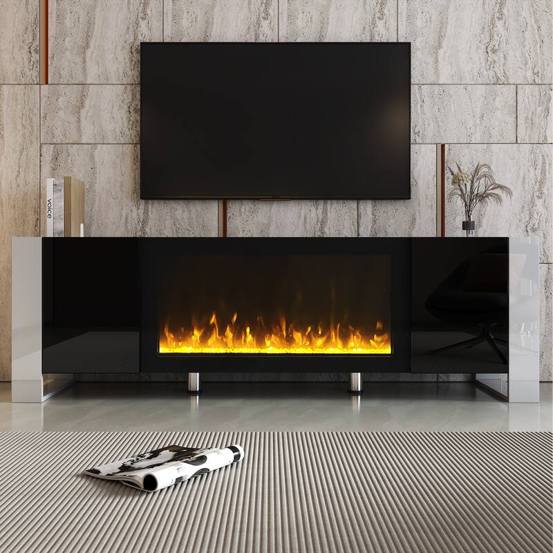 Modern 68.1 TV Stand with Built-in Fireplace, High Gloss Finish, and Spacious Cabinets for Organized Living.