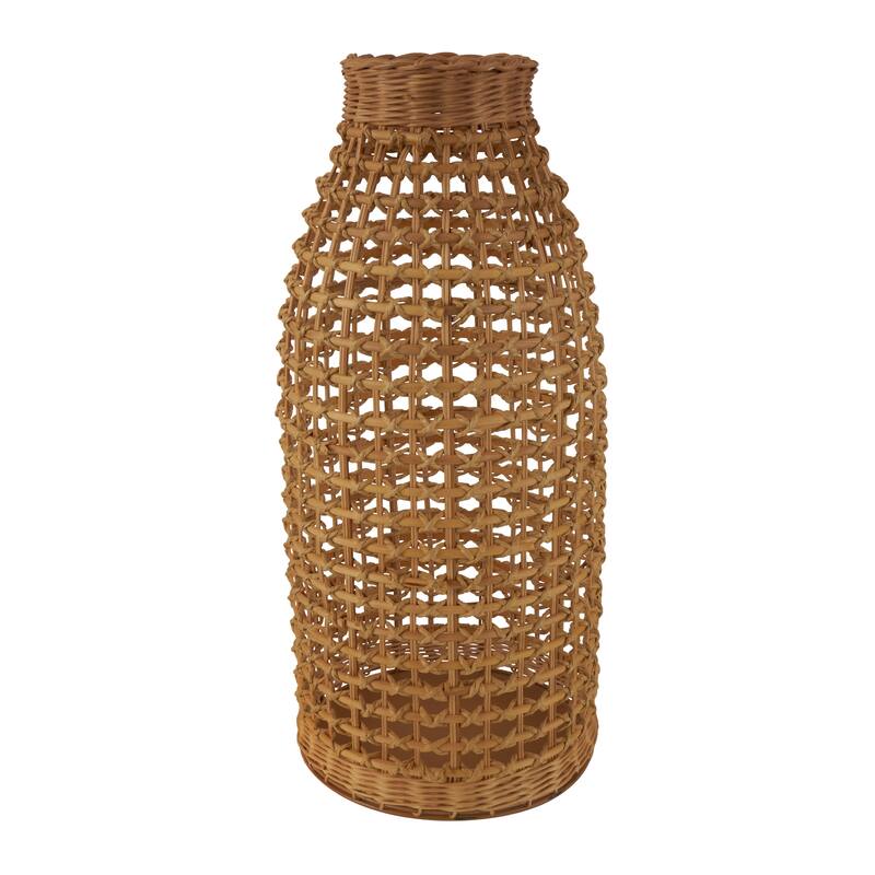 Brown Rattan Handmade Woven Vase with Open Framed Grid Design