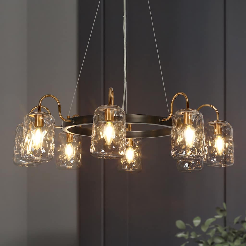 Modern 8-Light Wagon Wheel Chandelier with Textured Glass Shade for Dining Living Room - D32.7" x H68.5" Max