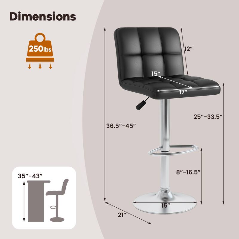 Set of 2 Adjustable Height Bar Stool with PU Leather Seat and Swivel Function for Kitchen or Pub - 17.5"L x 20"W x 37" - 45"H