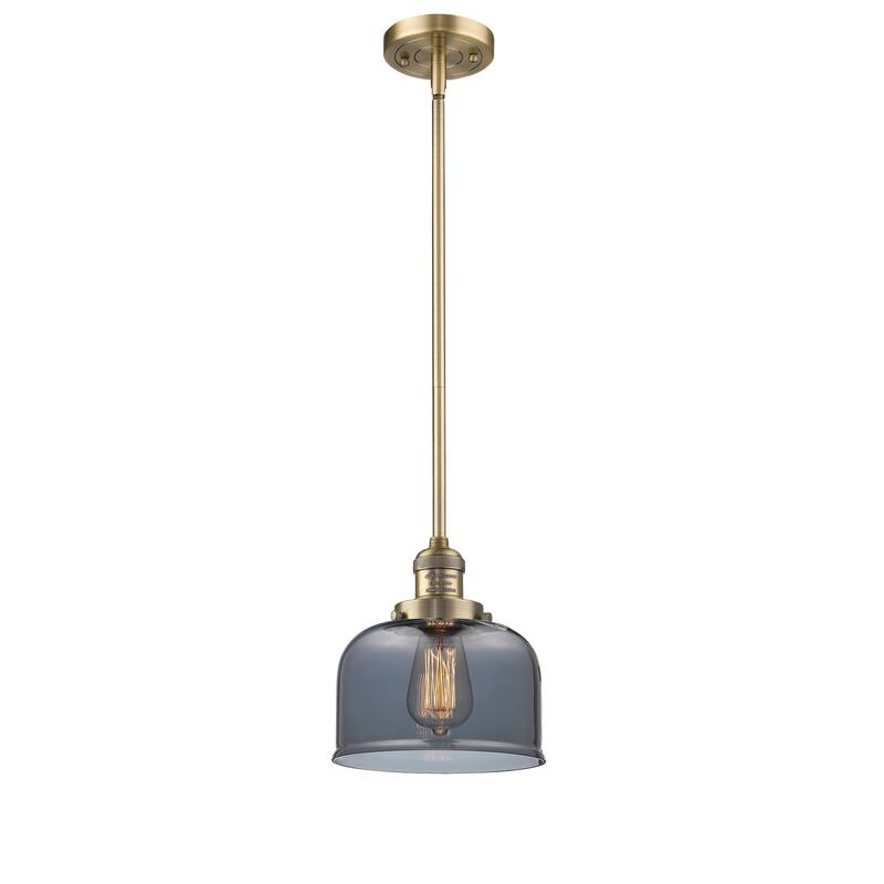 Innovations Lighting Franklin Restoration Bell - 1 Light 8" Stem Hung Mini Pendant - Brushed Brass/Light Smoke