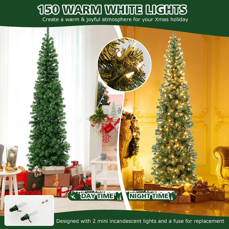 Costway 7ft Pre-lit PVC Artificial & Pine Needles Half Christmas Tree