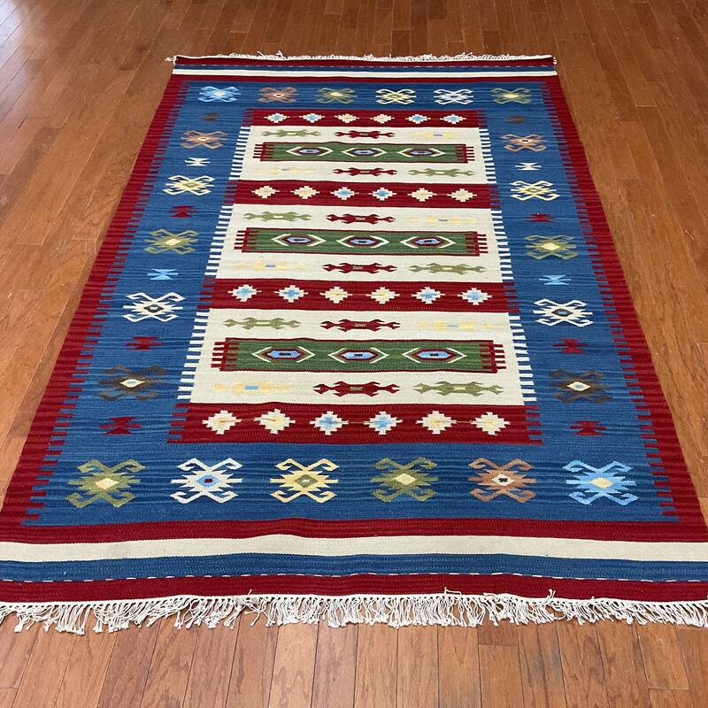 HERAT ORIENTAL Handmade Flat-weave Wool Kilim Collection - Blue/Ivory - 5' x 8'